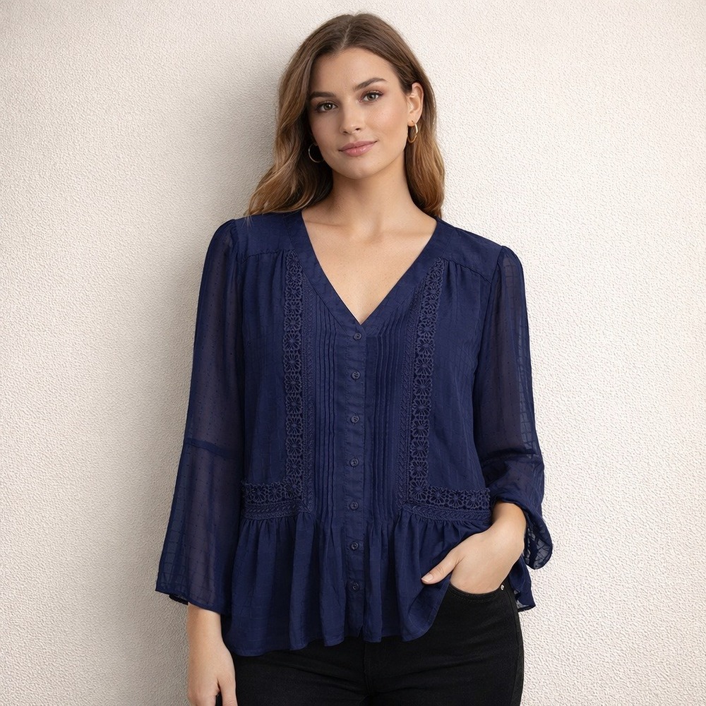 Skies Are Blue- Deep Navy Boho Long Sleeve Blouse Size M